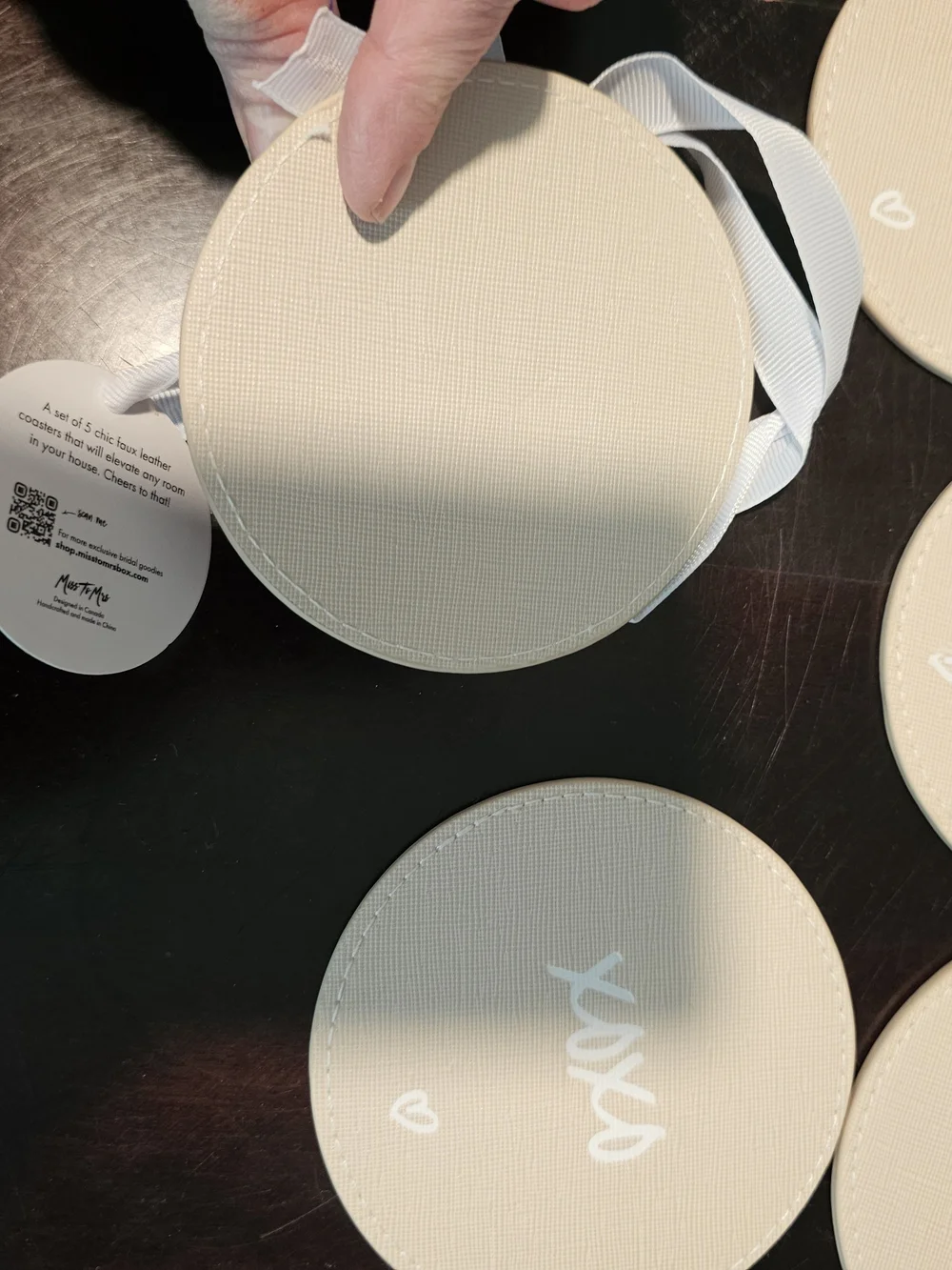 Leather Wedding Cream Round Party Coasters with White Script - Set of 5 New!